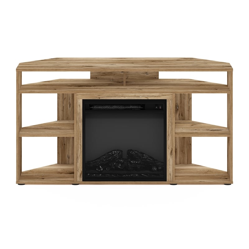 Furinno JENSEN Corner TV Stand with Fireplace for TV up to 55 Flagstaff Oak