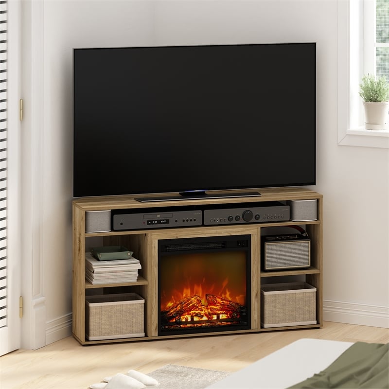 Furinno JENSEN Corner TV Stand with Fireplace for TV up to 55 Flagstaff Oak