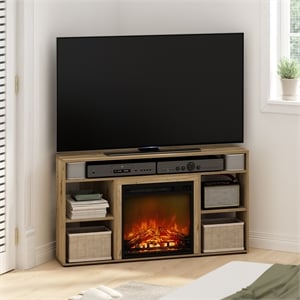 Furinno JENSEN Corner TV Stand with Fireplace for TV up to 55 Flagstaff Oak