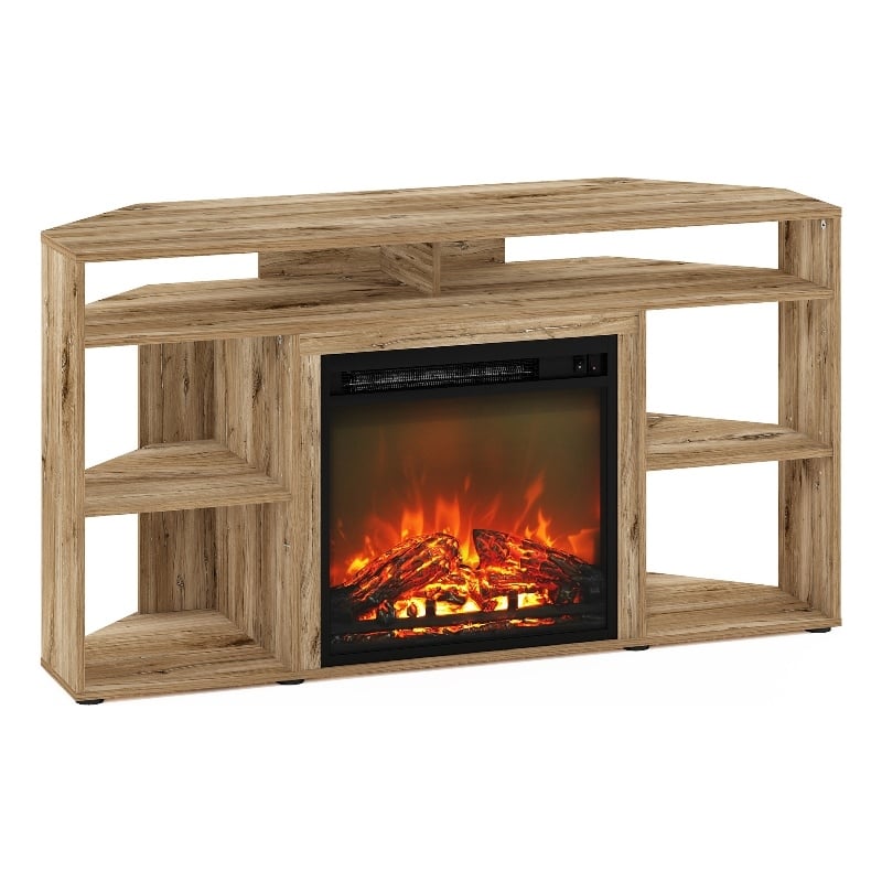 Furinno JENSEN Corner TV Stand with Fireplace for TV up to 55 Flagstaff Oak