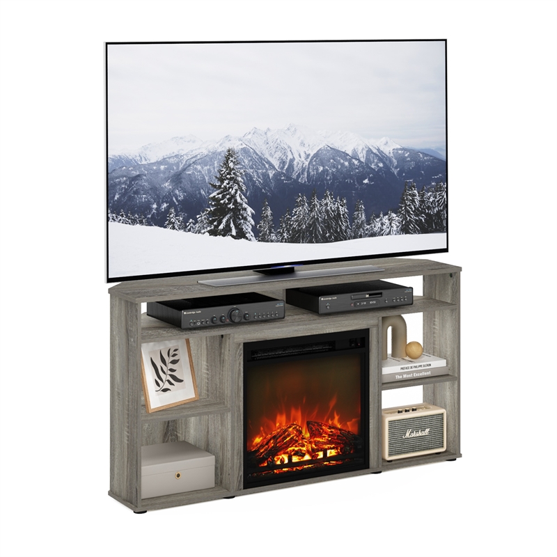 Furinno JENSEN Corner TV Stand with Fireplace for TV up to 55 French Oak Grey