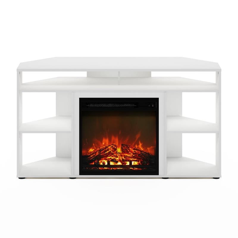 Furinno JENSEN Corner TV Stand with Fireplace for TV up to 55 Inches Solid White