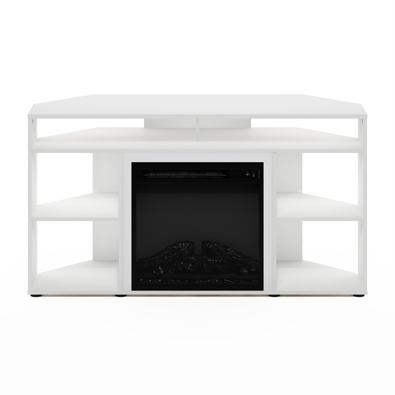 Furinno JENSEN Corner TV Stand with Fireplace for TV up to 55 Inches Solid White