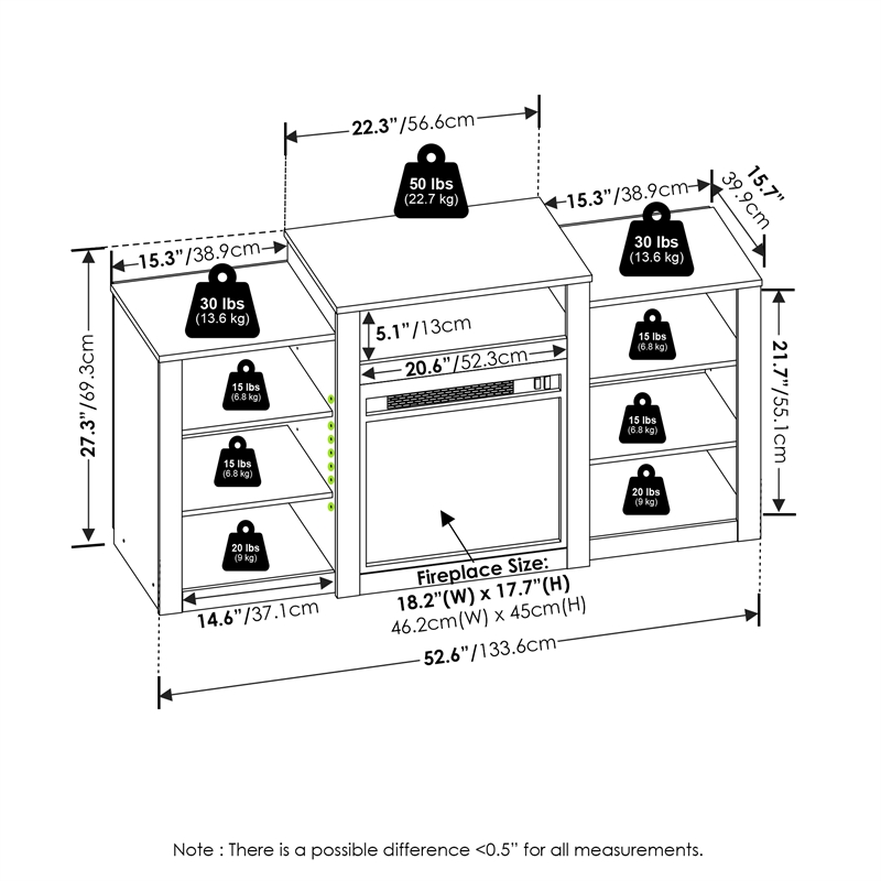 Furinno JENSEN TV Stand with Electric Fireplace for TV up to 55&quot Americano