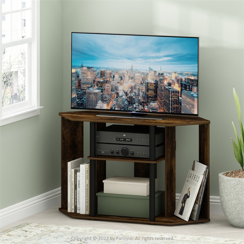 Furinno CLASSIC TV Stand with Plastic Poles for TV up to Amber Pine/Black