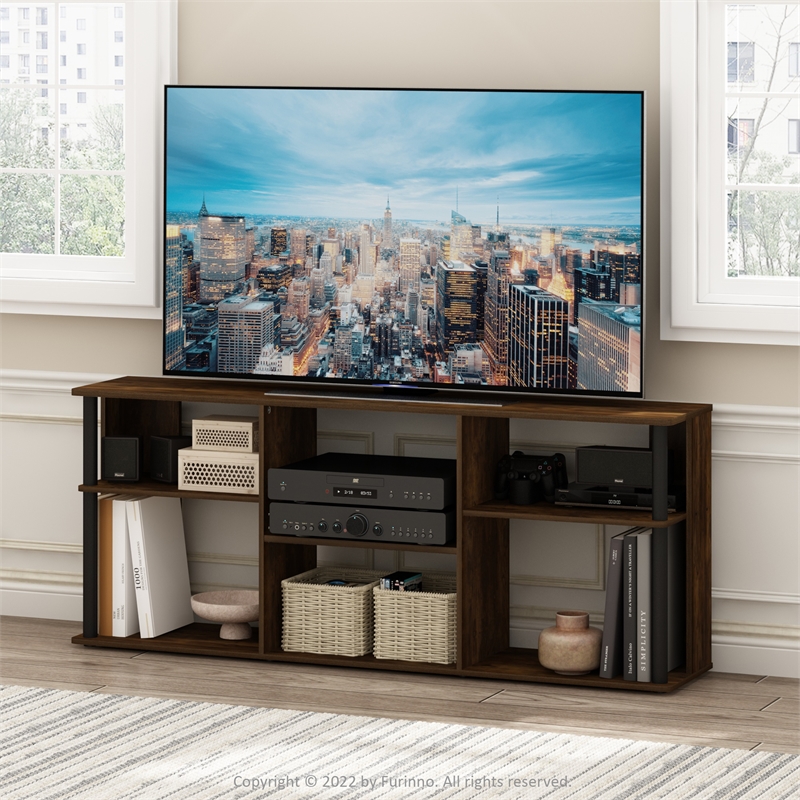 Furinno CLASSIC TV Stand with Plastic Poles for TV up to Amber Pine/Black