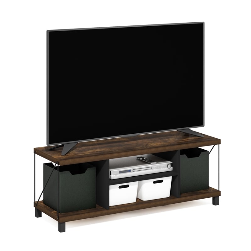 Furinno Besi No Tools Assembly Industrial Style TV Stand in Amber Pine/Black