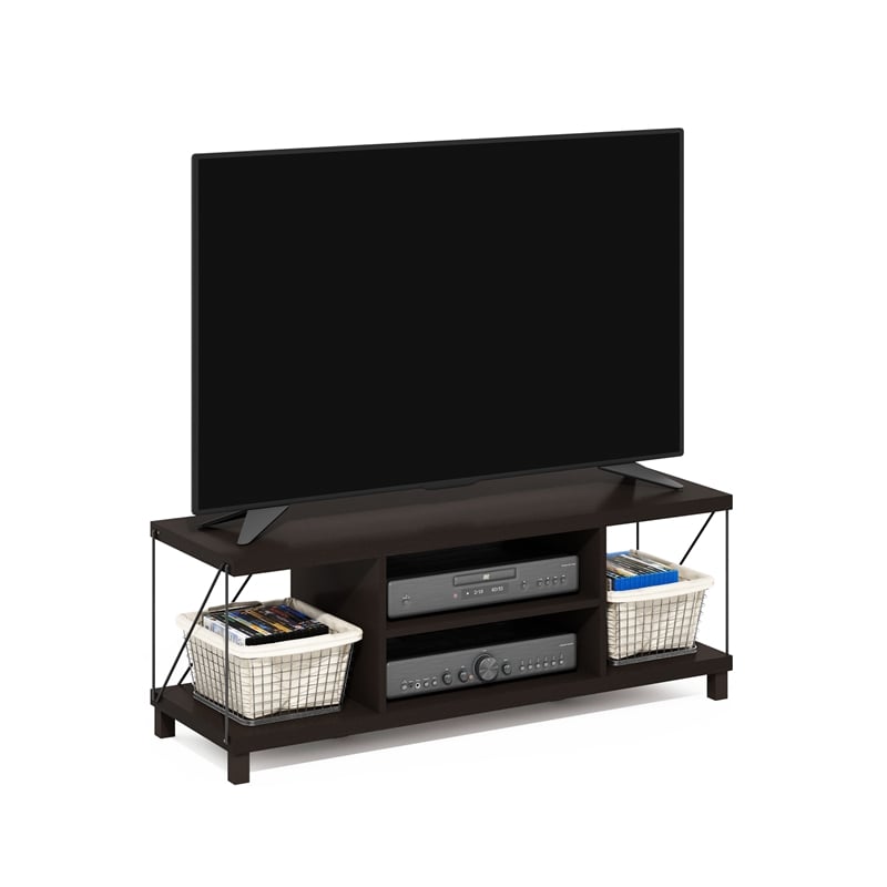 Furinno Besi No Tools Assembly Industrial Style TV Stand in Dark Oak