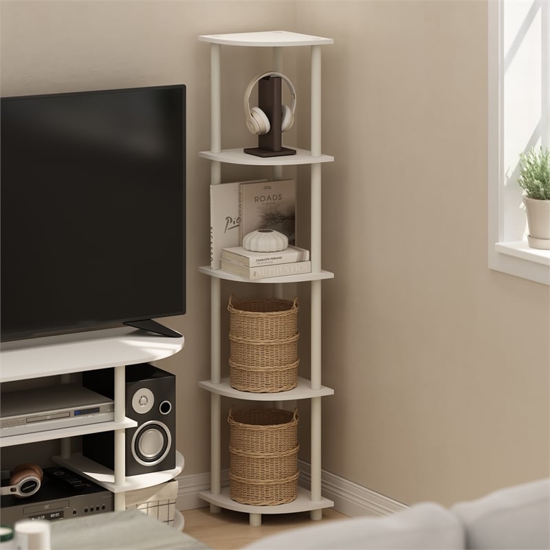 Furinno TURN-N-TUBE 5 Tier Corner Display Rack Multipurpose Shelving White/White