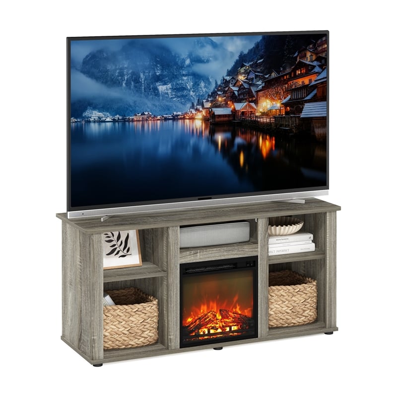 Furinno JENSEN Fireplace TV Entertainment Center with Open French Oak Grey