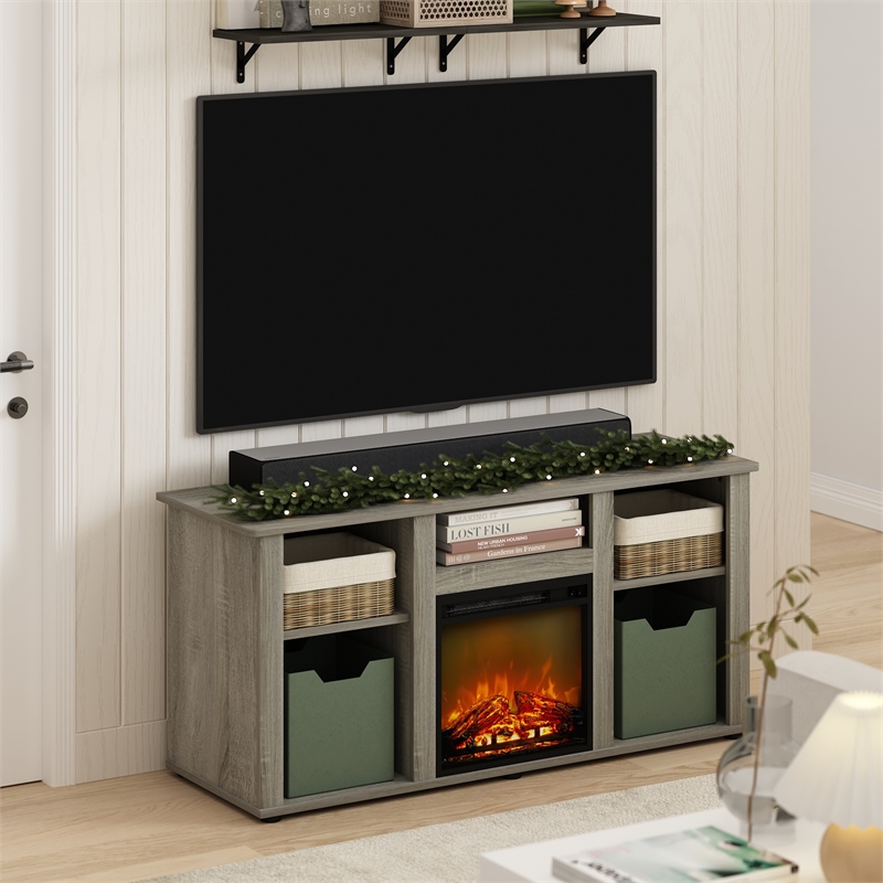 Furinno JENSEN Fireplace TV Entertainment Center with Open French Oak Grey