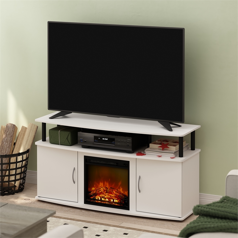 Furinno Jensen Living Room Fireplace Entertainment Center with Solid White/Black