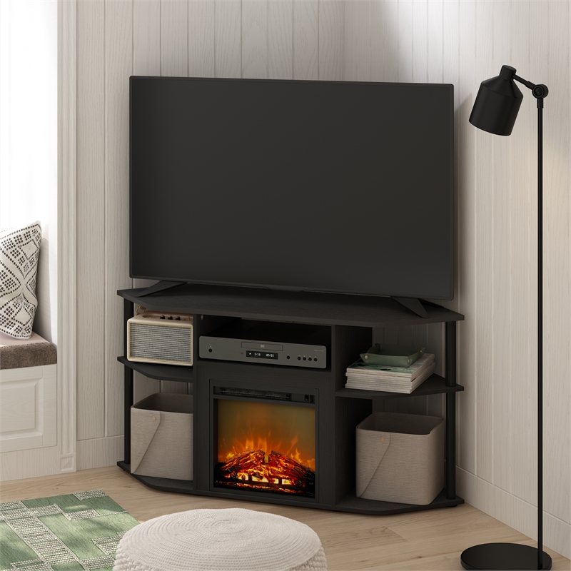 Furinno JENSEN Open Storage Corner Fireplace TV Entertainment Americano/Black