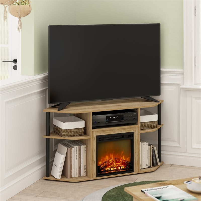 Furinno JENSEN Open Storage Corner Fireplace TV Flagstaff Oak/Black