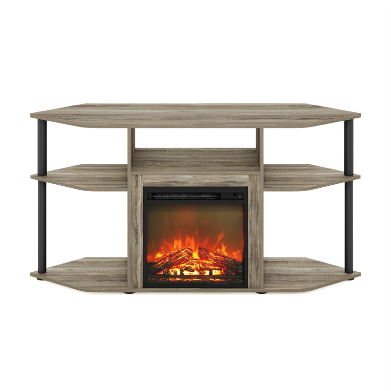 Furinno JENSEN Open Storage Corner Fireplace TV French Oak Grey/Black