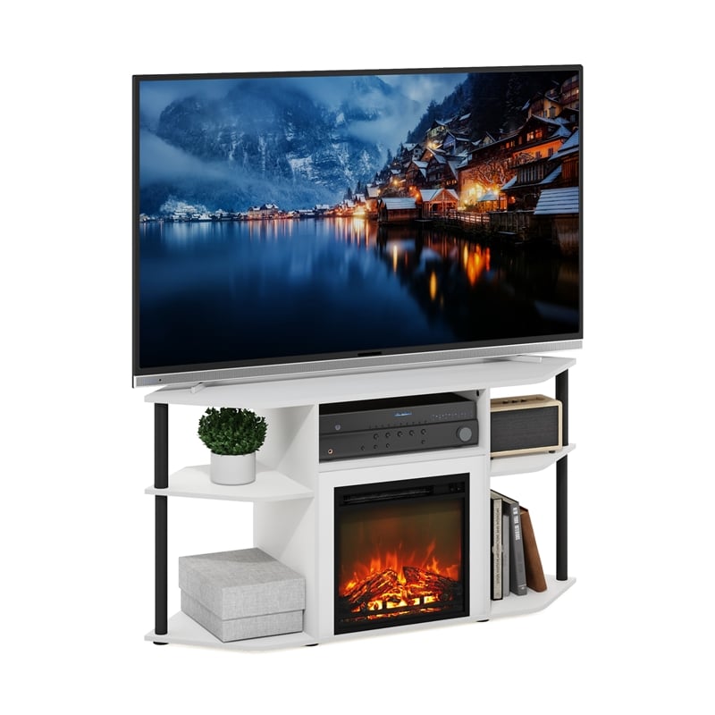 Furinno JENSEN Open Storage Corner Fireplace TV Entertainment Solid White/Black