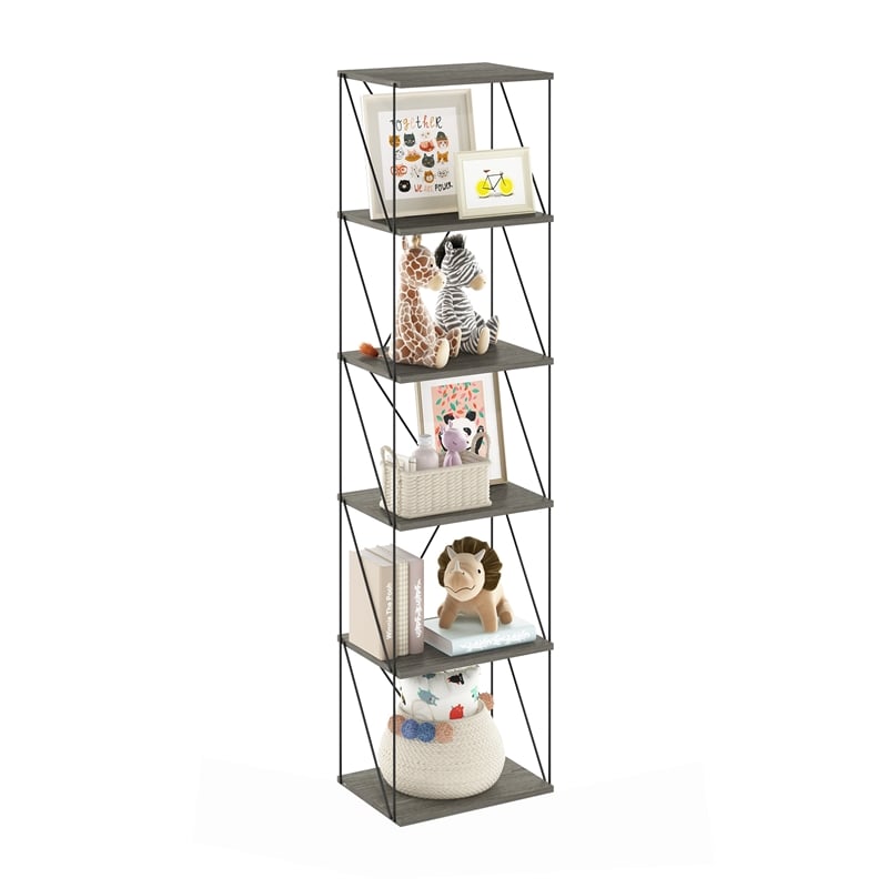 Furinno Rata 6-Tier Flat Base Shelf Display Rack Narrow in French Oak Grey