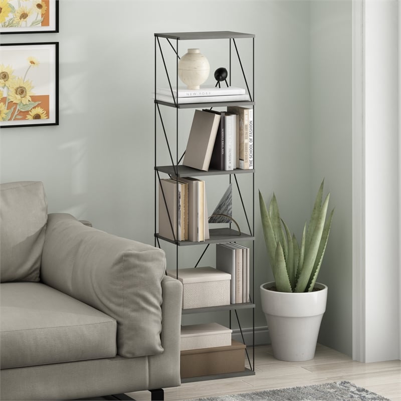 Furinno Rata 6-Tier Flat Base Shelf Display Rack Narrow in French Oak Grey