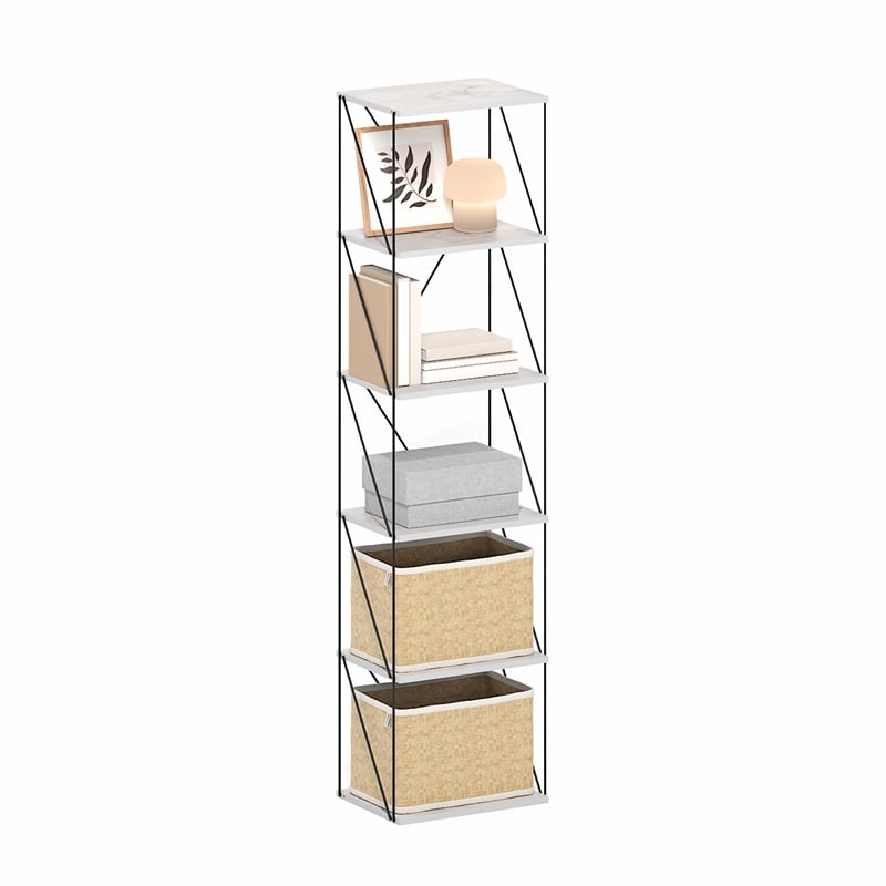 Furinno Rata 6-Tier Flat Base Shelf Display Rack Narrow in Marble White