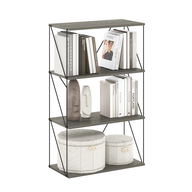 Furinno Rata 4-Tier Flat Base Shelf Display Rack in French Oak Grey