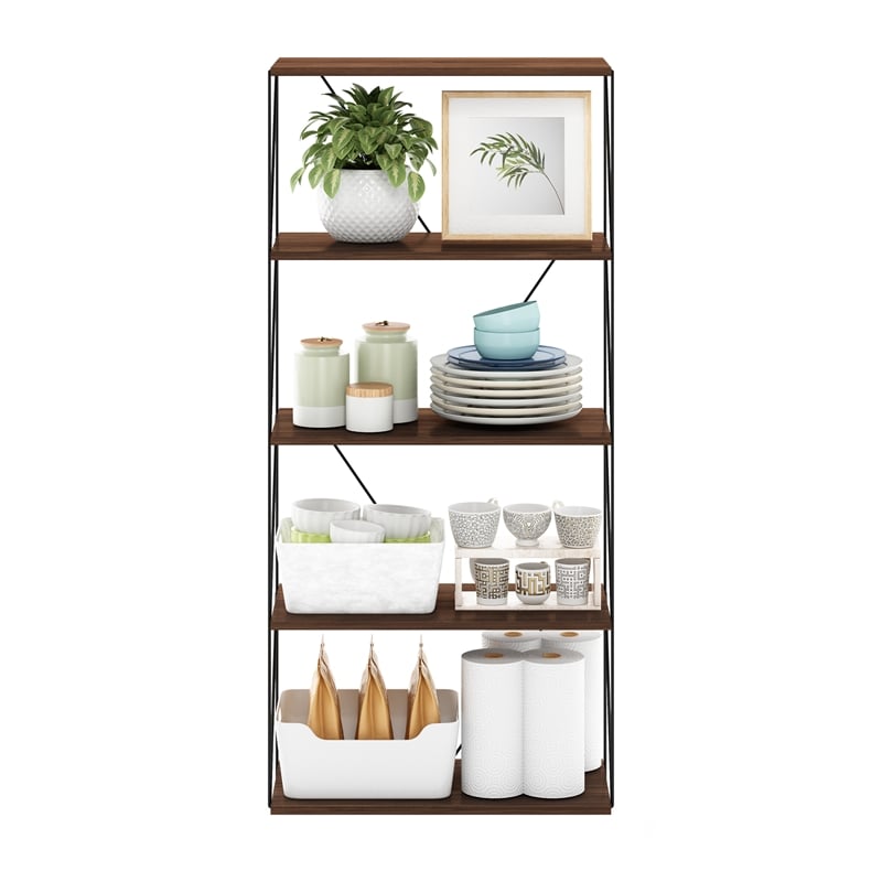 Furinno Rata 5-Tier Flat Base Shelf Display Rack Wide in Columbia Walnut