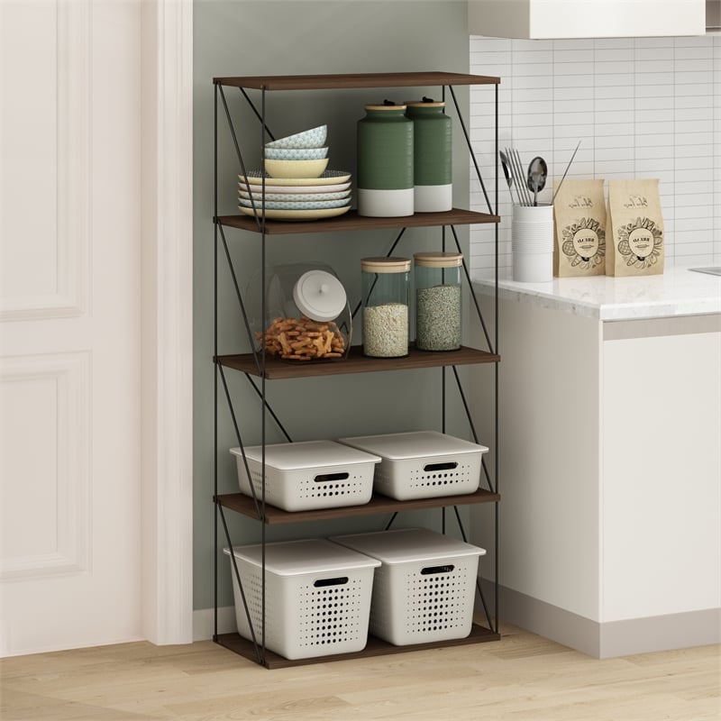 Furinno Rata 5-Tier Flat Base Shelf Display Rack Wide in Columbia Walnut