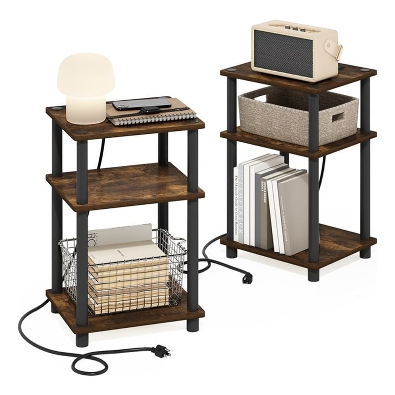 Furinno JUST 3-Tier USB Type-C Charging Port End Table in Amber Pine Set of 2