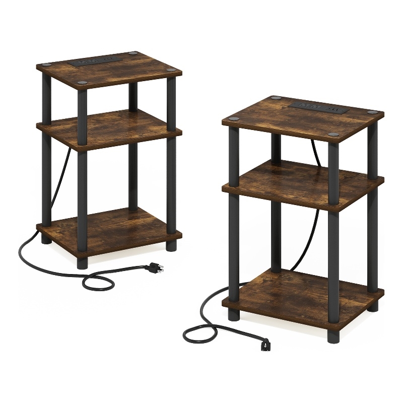 Furinno JUST 3-Tier USB Type-C Charging Port End Table in Amber Pine Set of 2