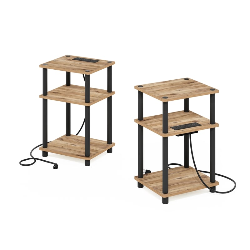 Furinno JUST 3-Tier USB Type-C Charging Port End Table in Flagstaff Oak Set of 2