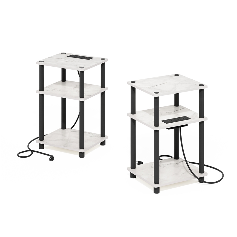 Furinno JUST 3-Tier USB Type-C Charging Port End Table in Marble White Set of 2