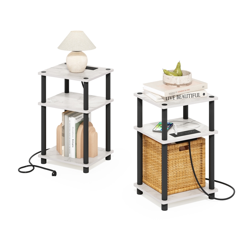 Furinno JUST 3-Tier USB Type-C Charging Port End Table in Marble White Set of 2