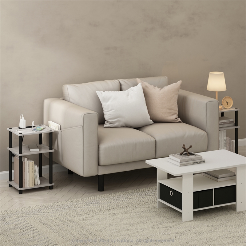 Furinno JUST 3-Tier USB Type-C Charging Port End Table in Marble White Set of 2