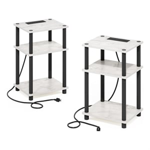 Furinno JUST 3-Tier USB Type-C Charging Port End Table in Marble White Set of 2