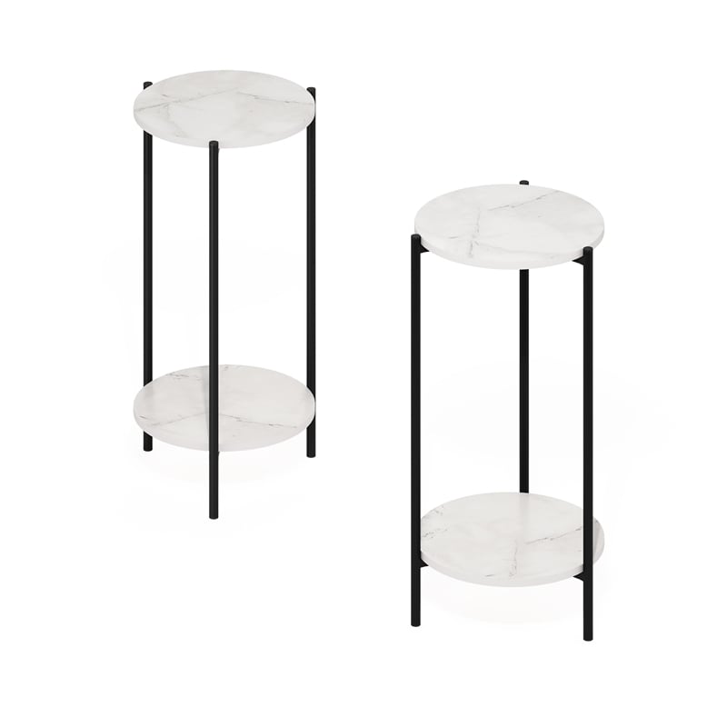 Furinno Besi 2-Tier End Table with Sturdy Metal Legs in Marble White Set of 2