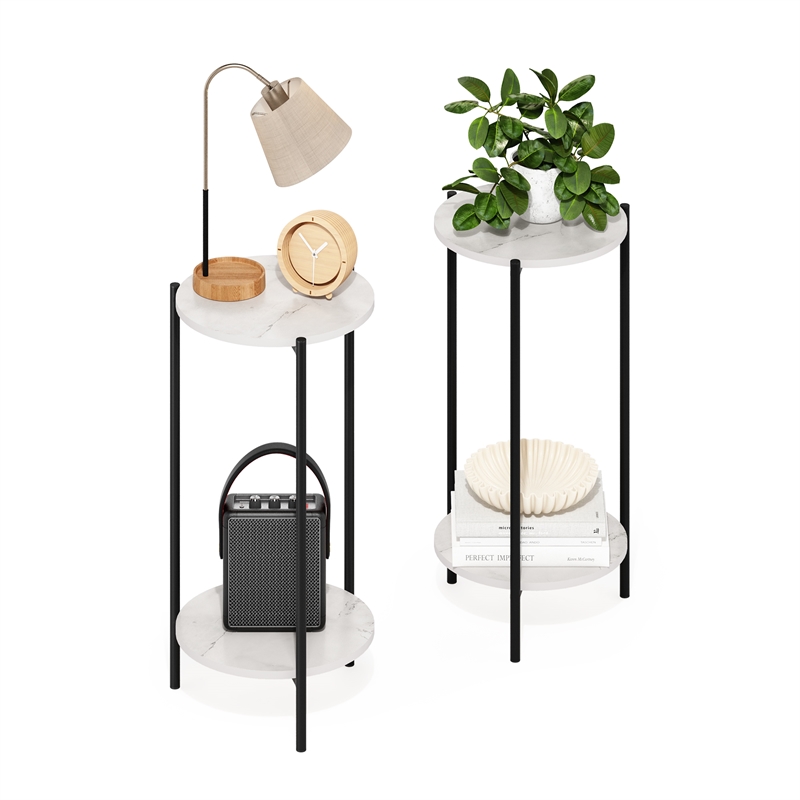 Furinno Besi 2-Tier End Table with Sturdy Metal Legs in Marble White Set of 2