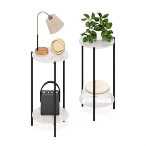 Furinno Besi 2-Tier End Table with Sturdy Metal Legs in Marble White Set of 2