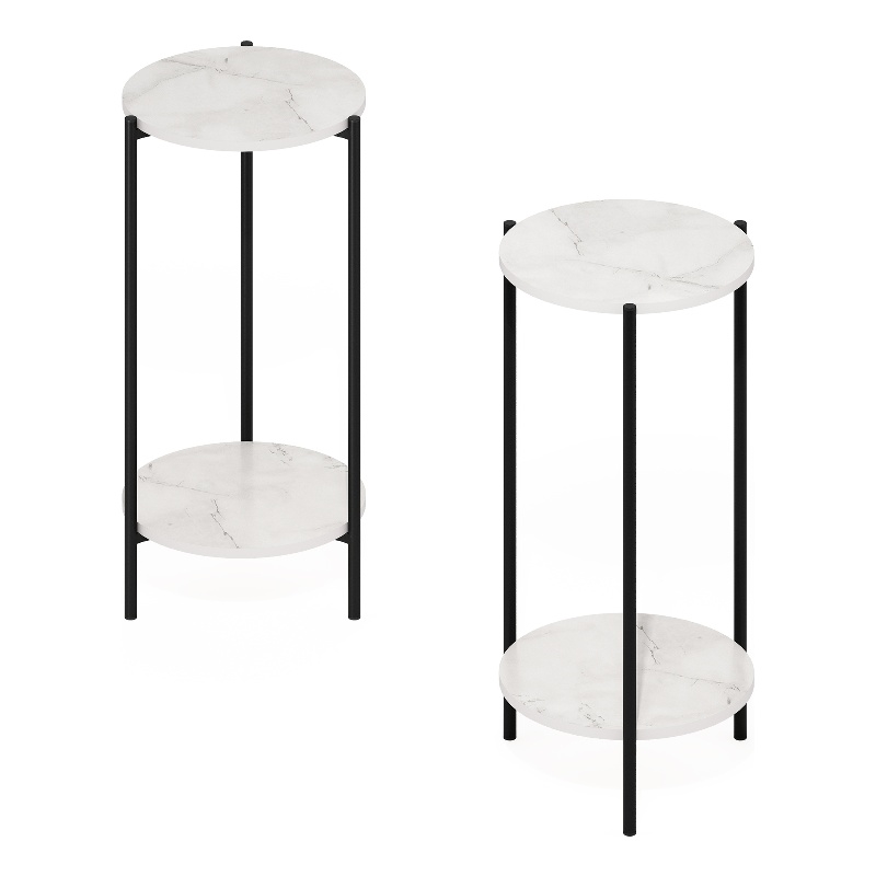 Furinno Besi 2-Tier End Table with Sturdy Metal Legs in Marble White Set of 2