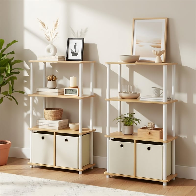Furinno Go Green 4-Tier Storage Rack Shelving Unit w/Bins in Set of 2