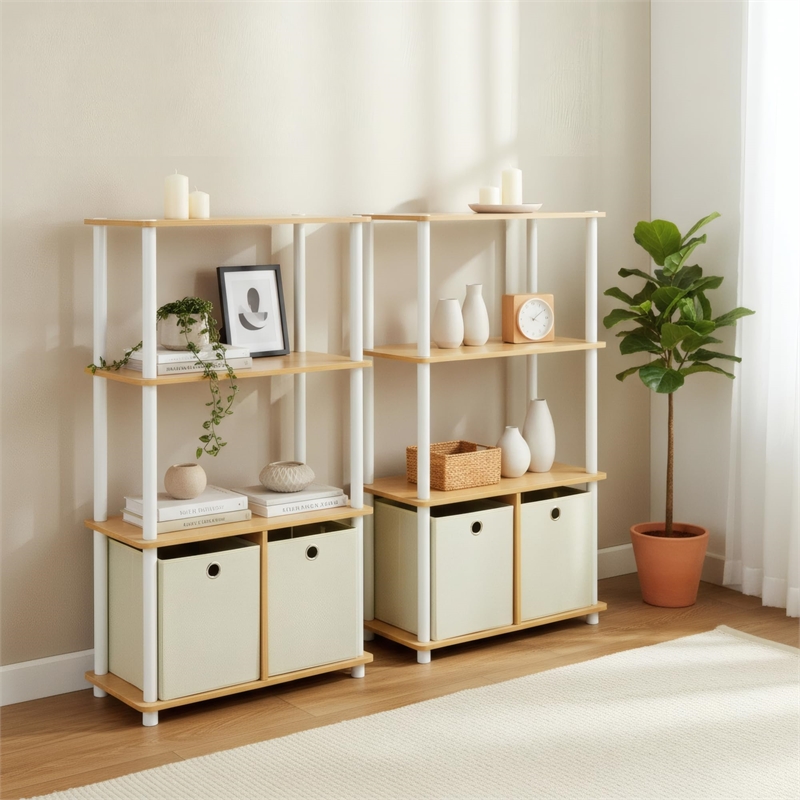 Furinno Go Green 4-Tier Storage Rack Shelving Unit w/Bins in Set of 2