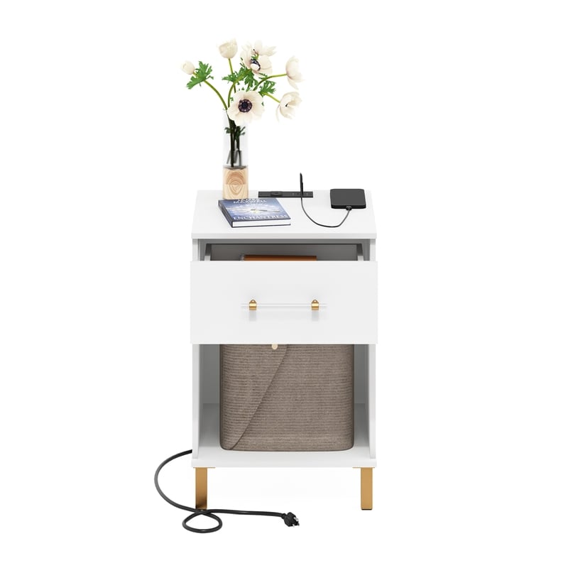 Furinno Tidur End Table with USB Type-C Charging Station in White