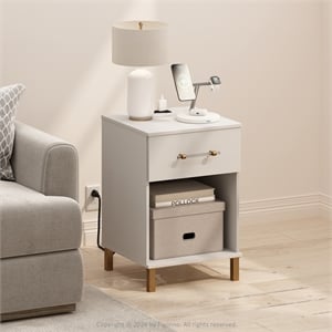 Furinno Tidur End Table with USB Type-C Charging Station in White