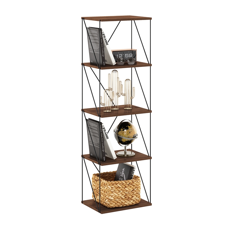 Furinno Rata 5-Tier Flat Base Shelf Display Rack Narrow in Columbia Walnut