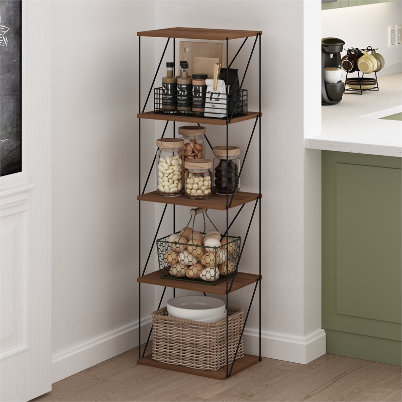 Furinno Rata 5-Tier Flat Base Shelf Display Rack Narrow in Columbia Walnut