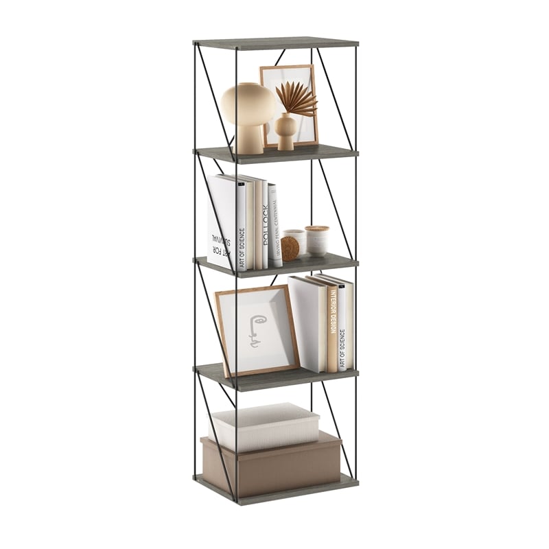 Furinno Rata 5-Tier Flat Base Shelf Display Rack Narrow in French Oak Grey