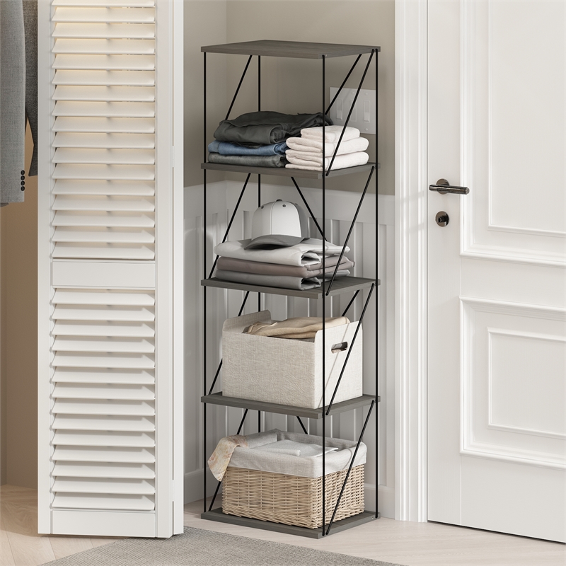 Furinno Rata 5-Tier Flat Base Shelf Display Rack Narrow in French Oak Grey