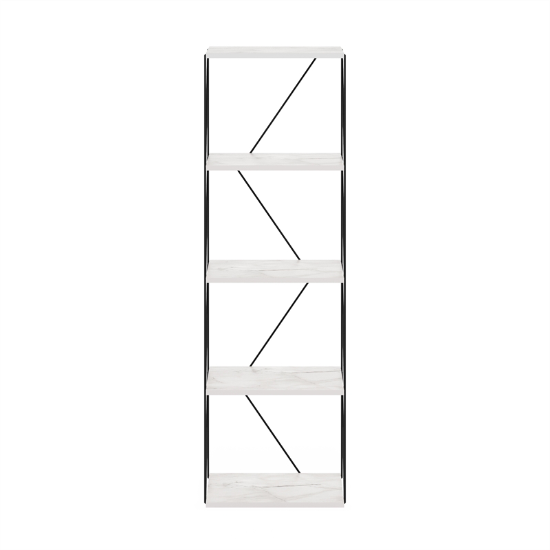 Furinno Rata 5-Tier Flat Base Shelf Display Rack Narrow in Marble White