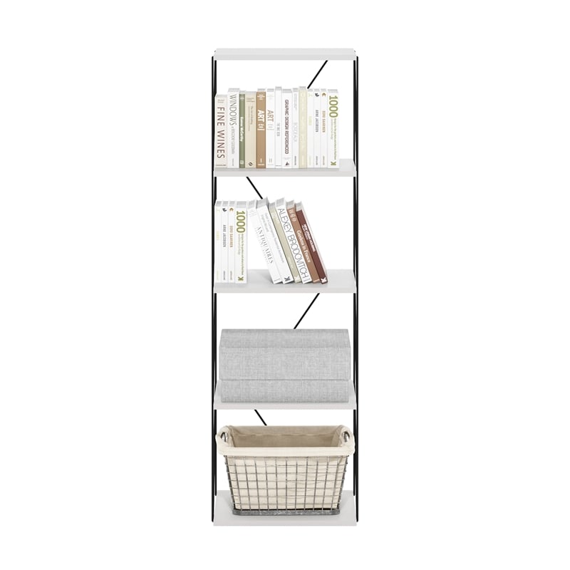 Furinno Rata 5-Tier Flat Base Shelf Display Rack Narrow in Marble White