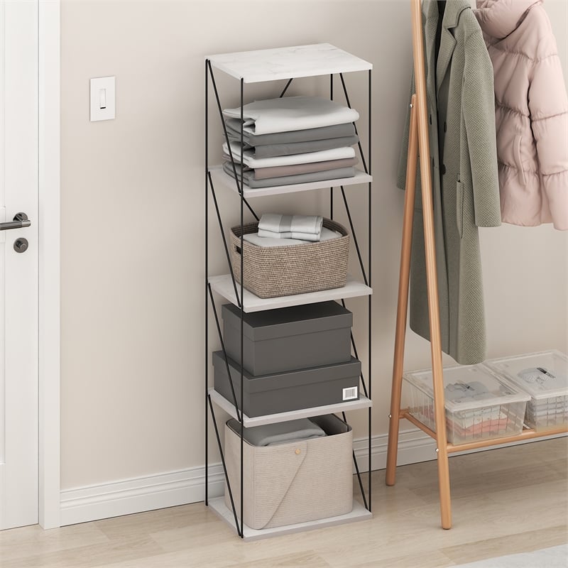 Furinno Rata 5-Tier Flat Base Shelf Display Rack Narrow in Marble White