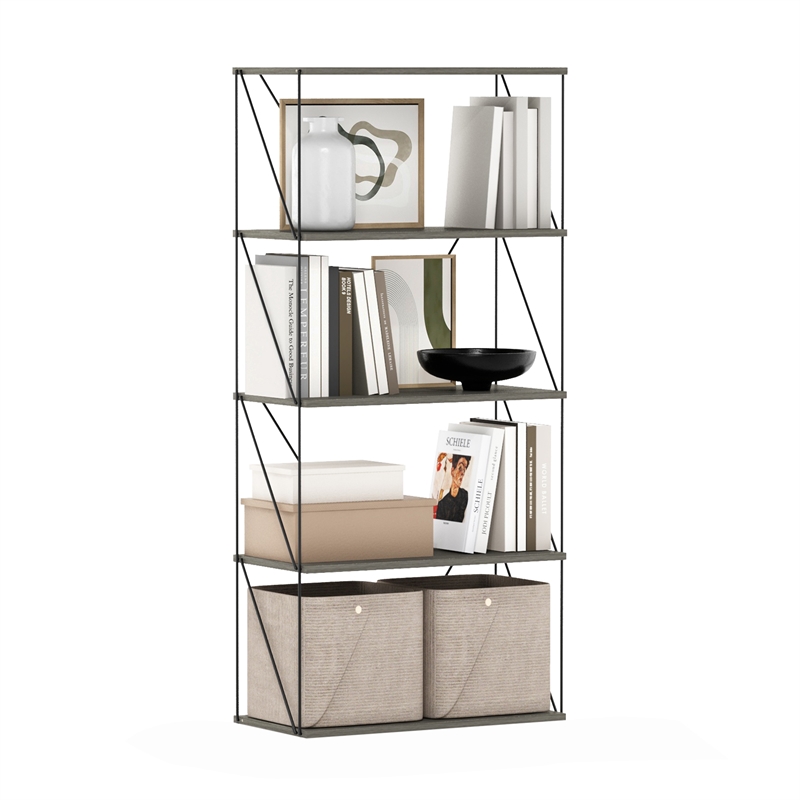 Furinno Rata 5-Tier Flat Base Shelf Display Rack Wide in French Oak Grey
