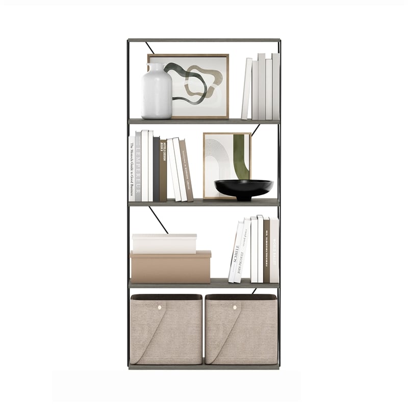 Furinno Rata 5-Tier Flat Base Shelf Display Rack Wide in French Oak Grey